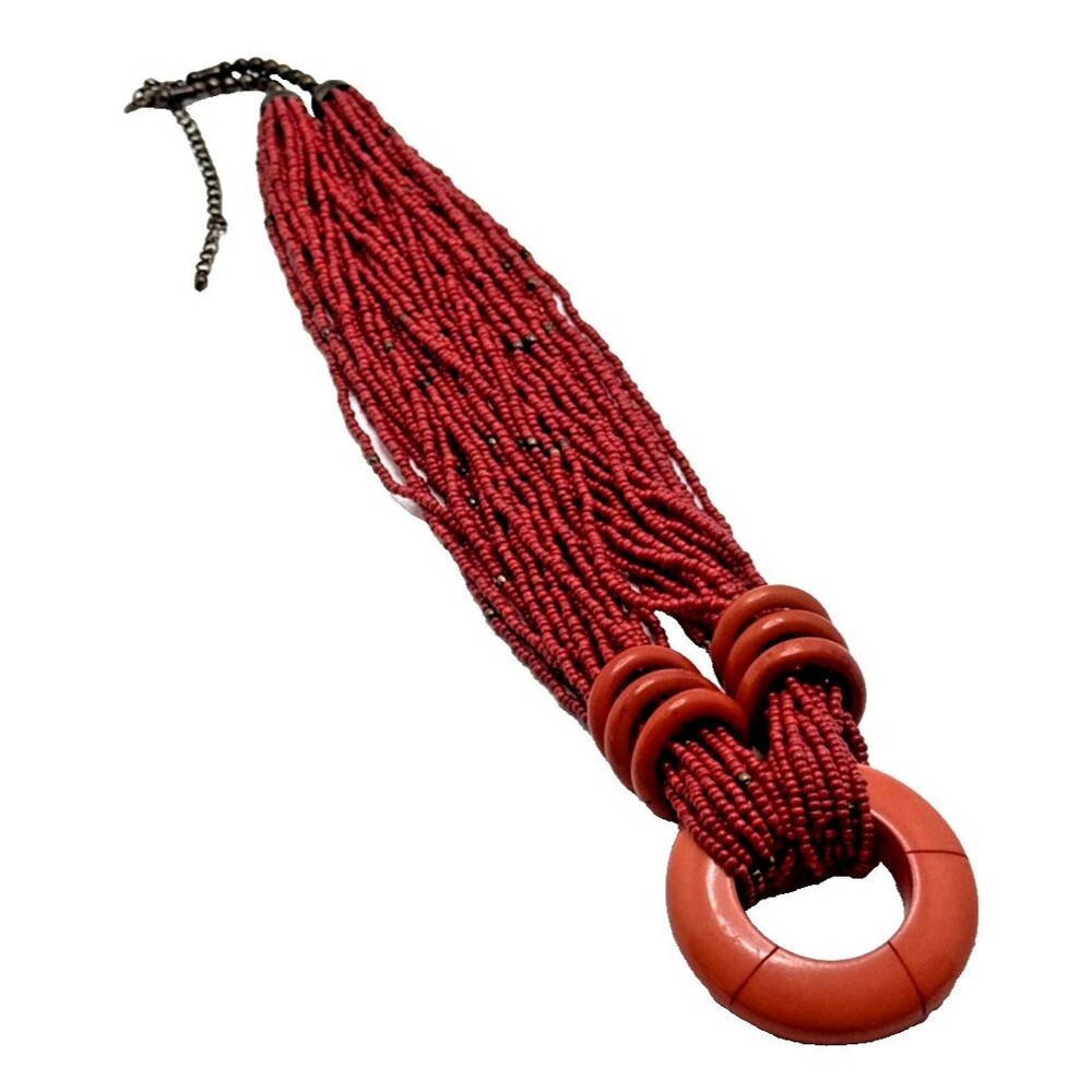 Vintage Red Seed Bead Necklace Multi Strand Tribal Boho Rings Statement 22"